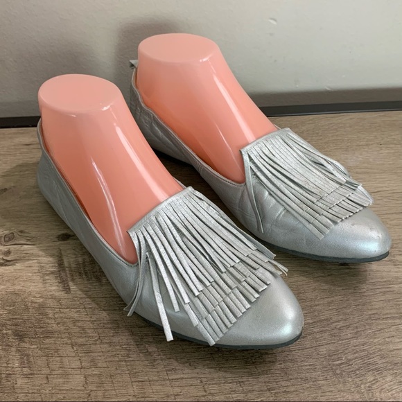 OQ Silver Metallic LEATHER Triple FRINGE Designer FLATS Shoes  37 - Picture 1 of 7